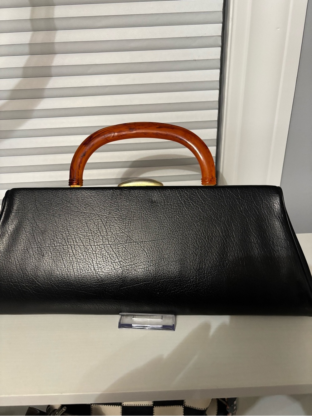 Black Leather Top-Handle Bag with Amber Handle - Picture 3 of 9